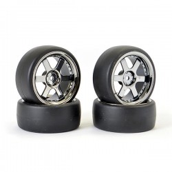 Fastrax 1/10 (4) Drift D1 Tyre W/3mm 6-Spoke Wheel- BK Chrome