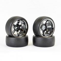 Fastrax 1/10 (4) Drift D1 Tyre W/9mm 6-Spoke Wheel- BK Chrome
