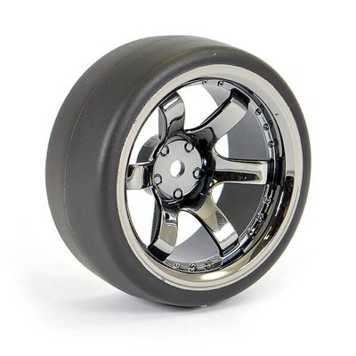 Fastrax 1/10 (4) Drift D1 Tyre W/9mm 6-Spoke Wheel- BK Chrome